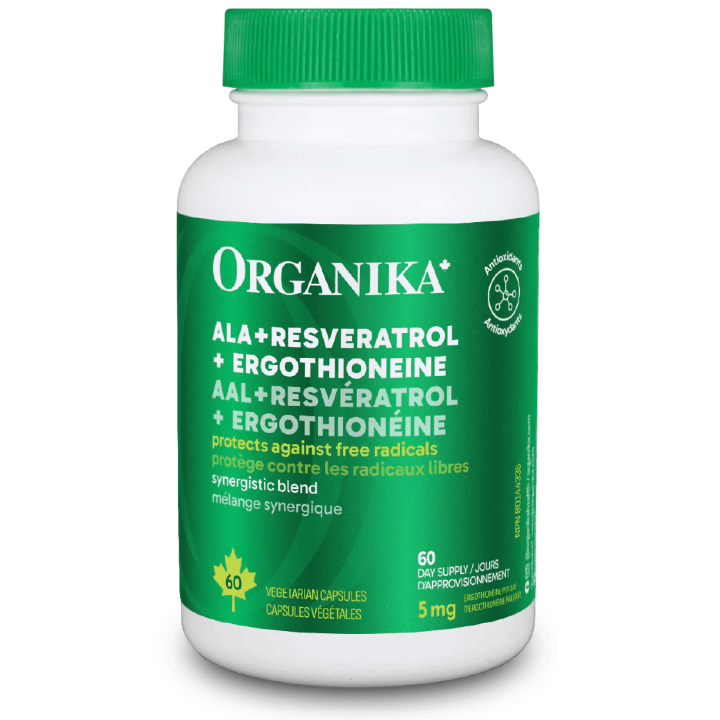 60 Vegetable Capsules | Organika ALA + Resveratrol + Ergothioneine