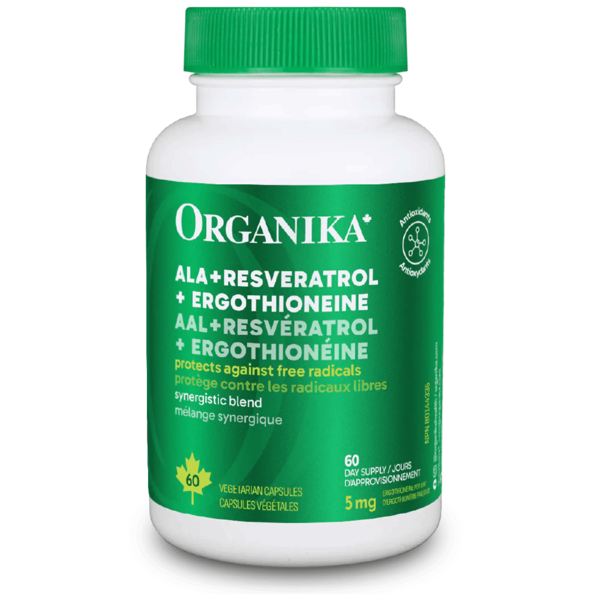 60 Vegetable Capsules | Organika ALA + Resveratrol + Ergothioneine