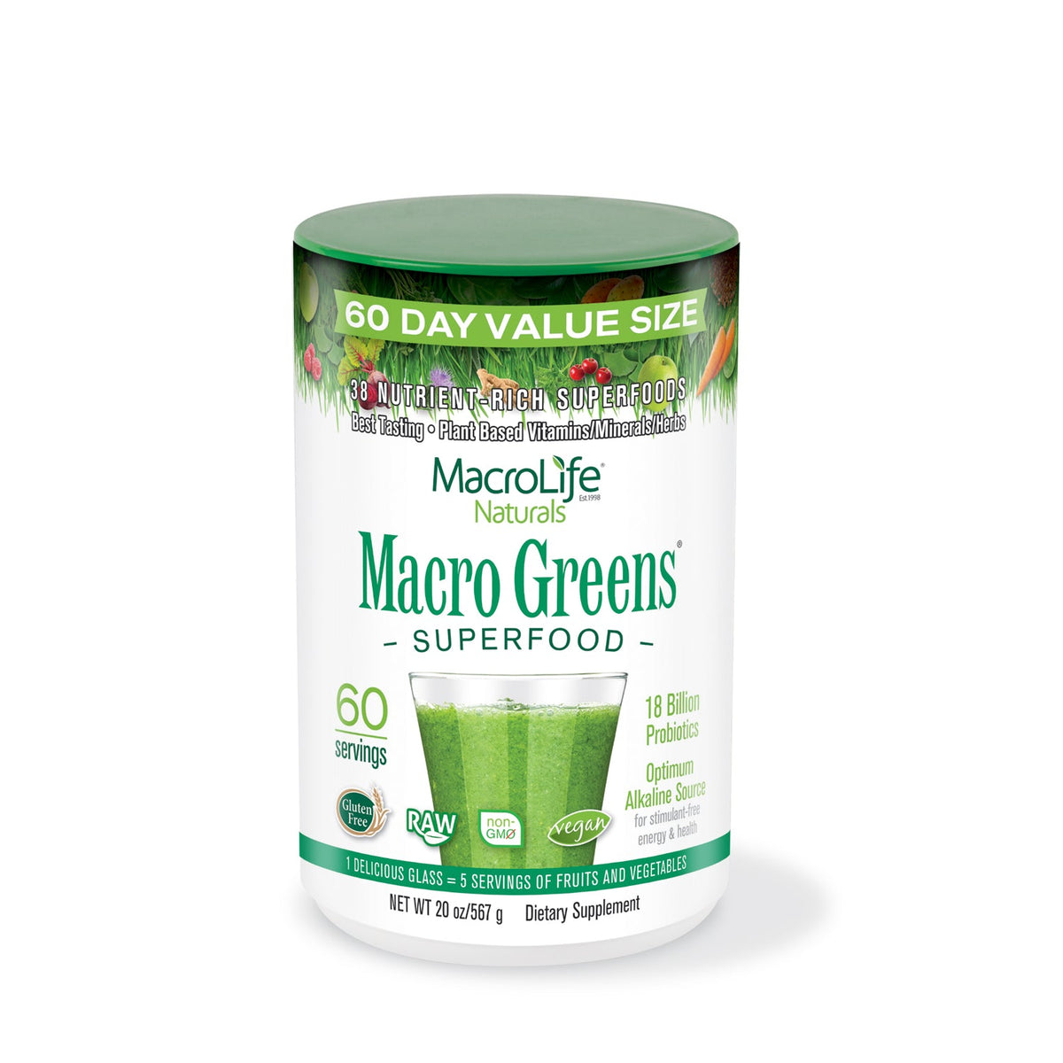 MacroLife Naturals Macro Greens Superfood Powder with 18 Billion Probiotics, 284g-850g - 567g