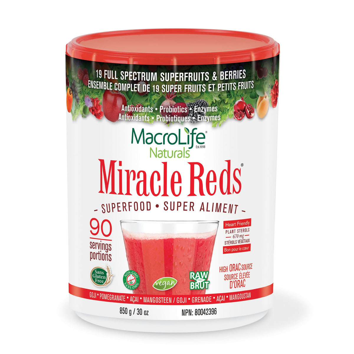MacroLife Naturals Miracle Reds Superfood Powder with Plant Sterols, 284g-850g - 850g