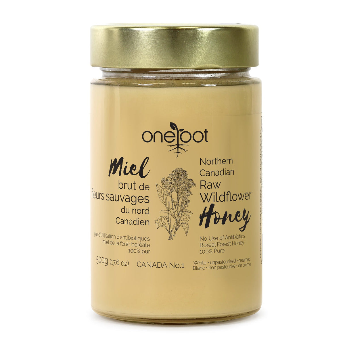 OneRoot Raw Boreal Forest Wildflower Honey, Unpasteurized Canadian Honey, 500g and 1kg - 500g