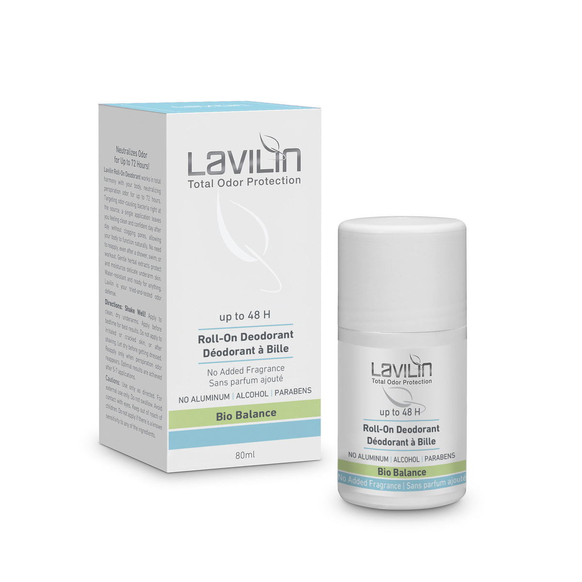 Lavilin 48H Roll-On Deodorant, Aluminum-Free and Water-Resistant, Men, Women, Teens, Sport or Fragrance Free - Fragrance Free
