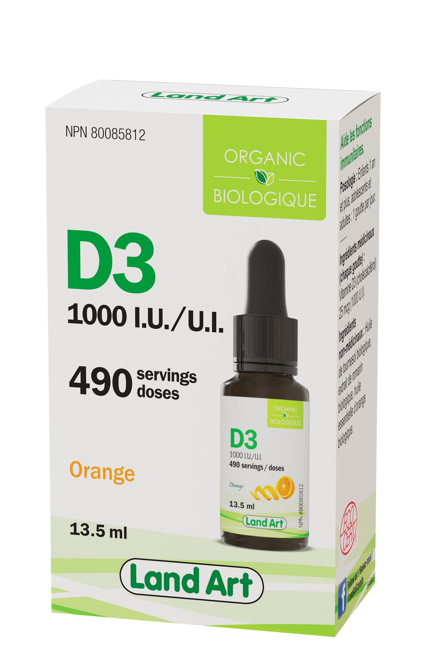 Land Art Organic Vitamin D3 Liquid Drops, 13.5ml - 1000 IU