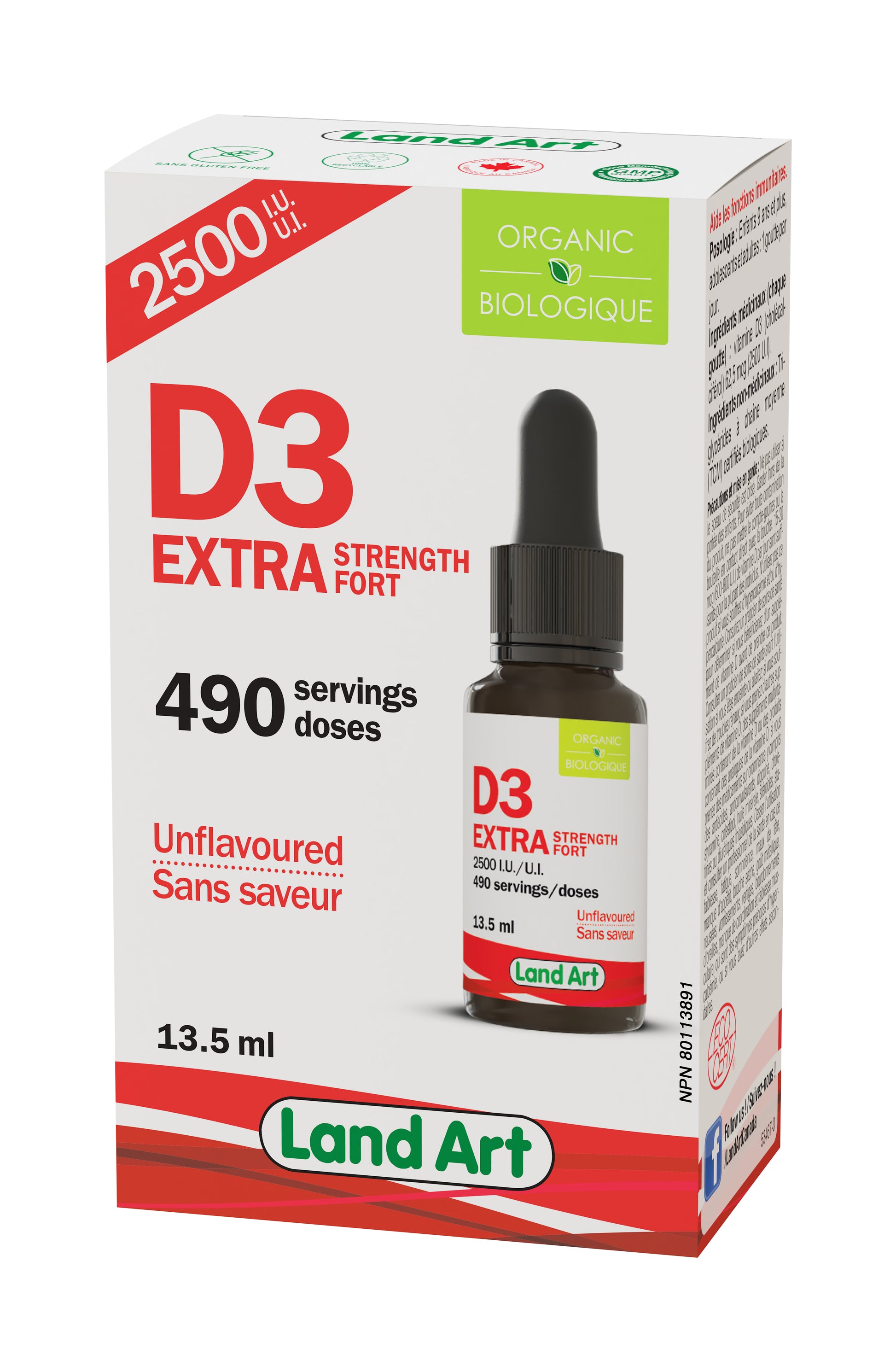 Land Art Organic Vitamin D3 Liquid Drops, 13.5ml - 2500 IU