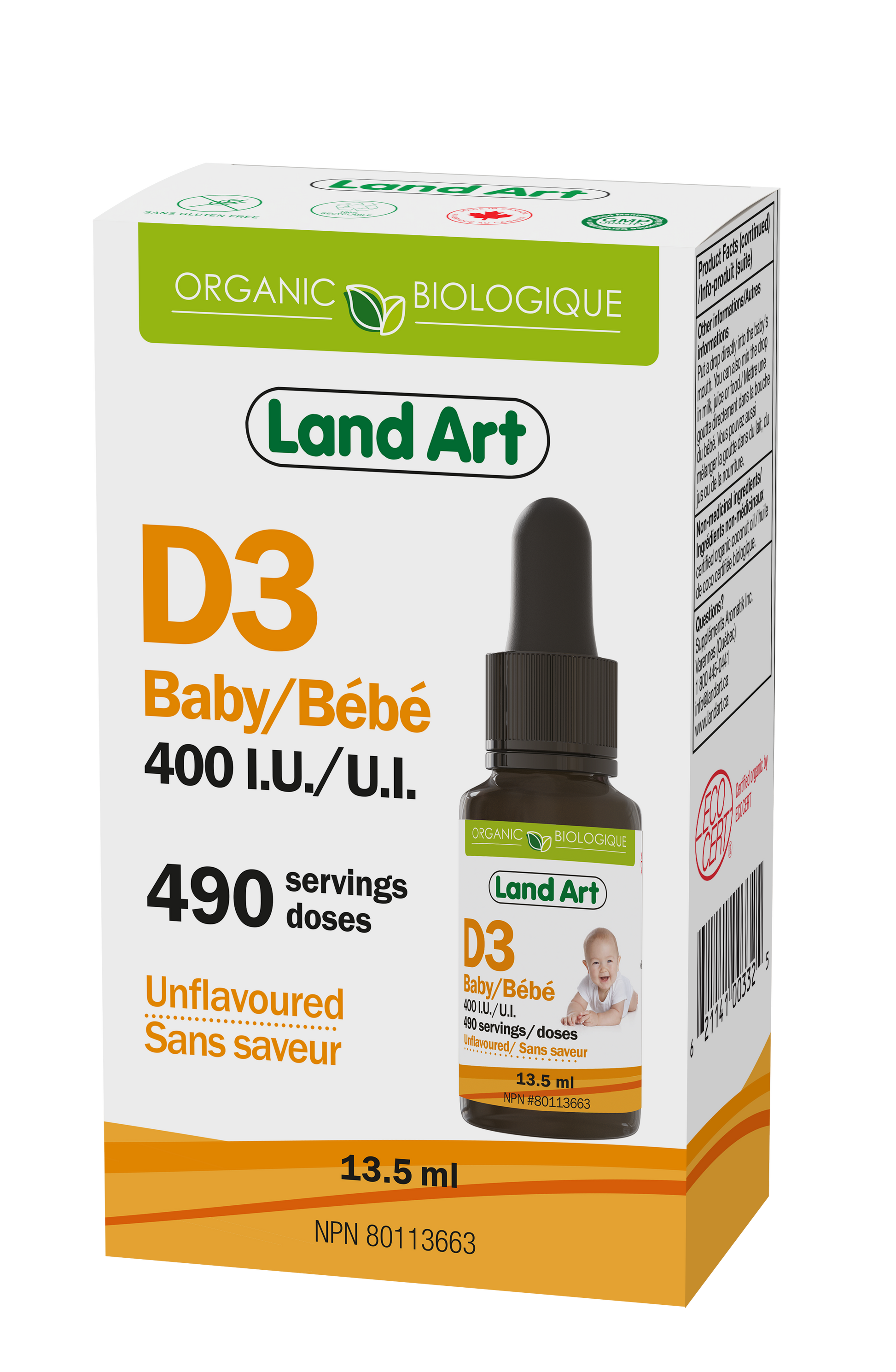 Land Art Organic Vitamin D3 Liquid Drops, 13.5ml - 400 IU (Baby)
