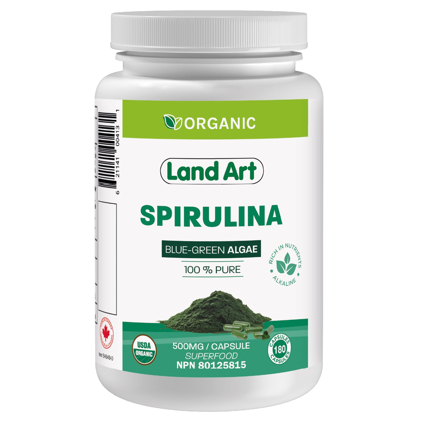 Land Art Organic Spirulina Extra 500mg, 180 Capsules - 180 Capsules