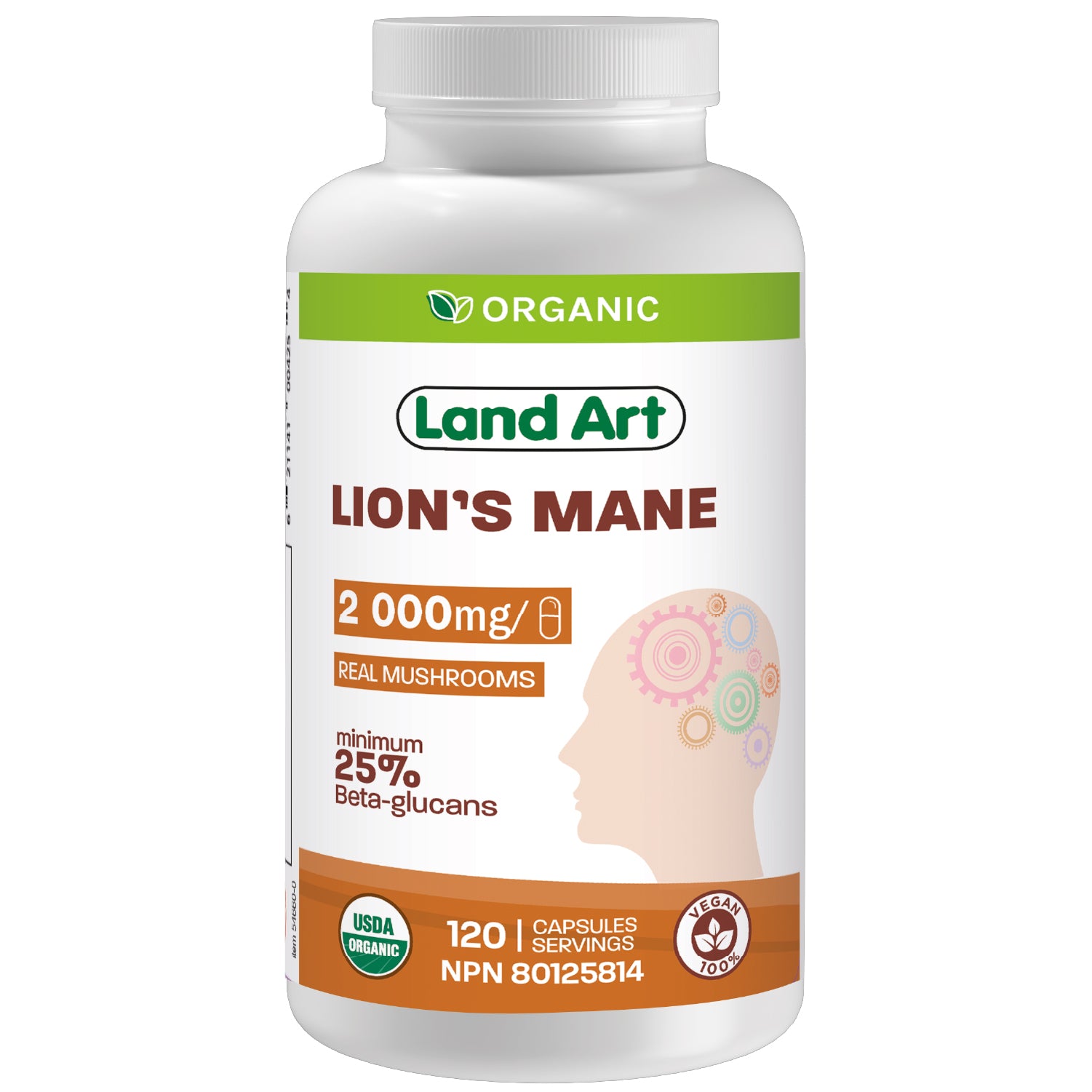 Land Art Organic Lion's Mane 2000mg, 120 Capsules - 120 Capsules