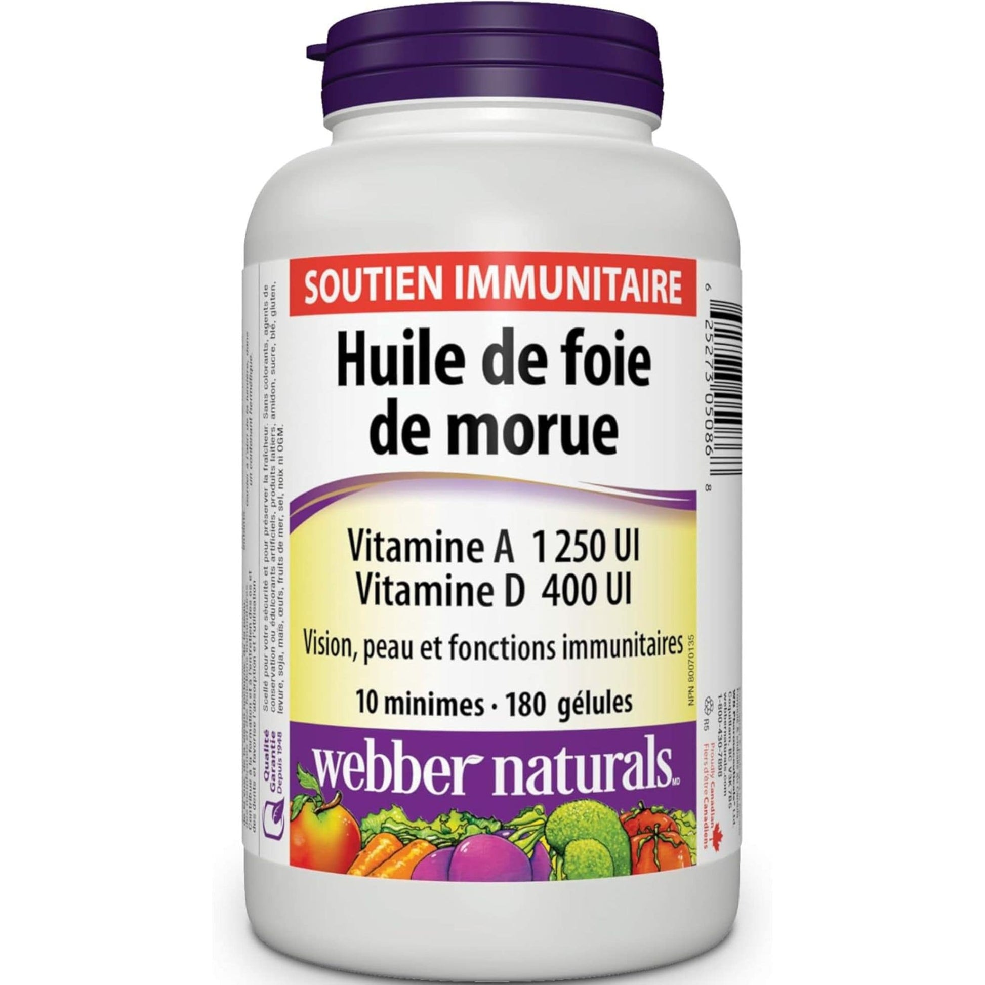 180 Softgels | Webber Naturals Cod Liver Oil Vitamin A 1250 IU / Vitamin D 400 IU