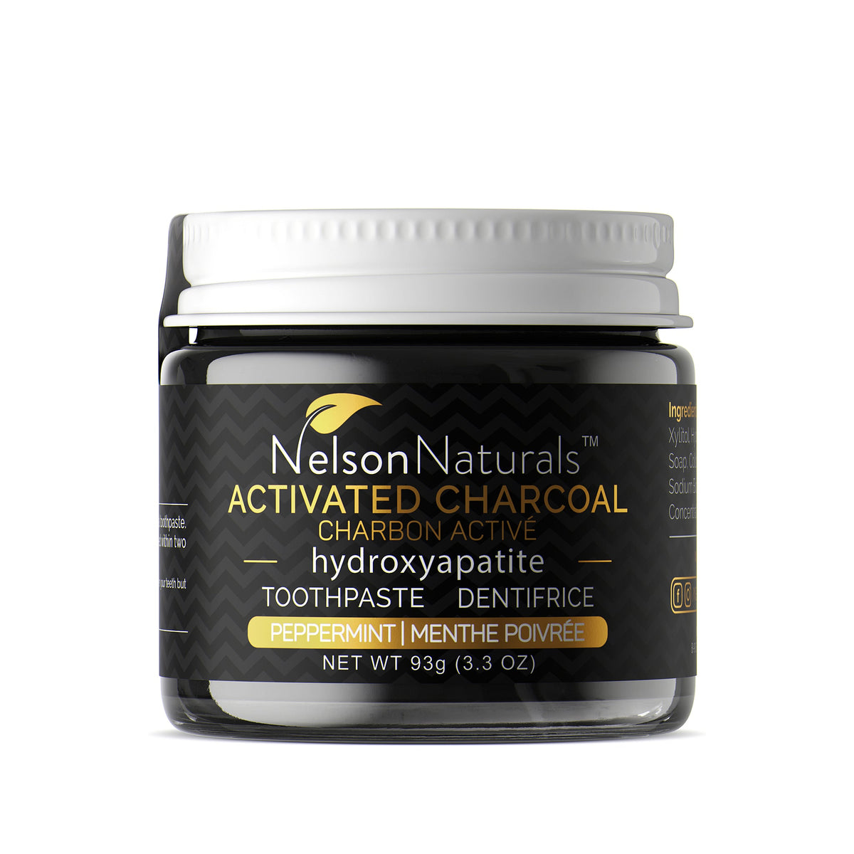 Nelson Naturals Fluoride-Free Toothpaste with Hydroxyapatite and Bentonite Clay, Glass Jar, 4 Flavours, 93g - Activated Charcoal Peppermint