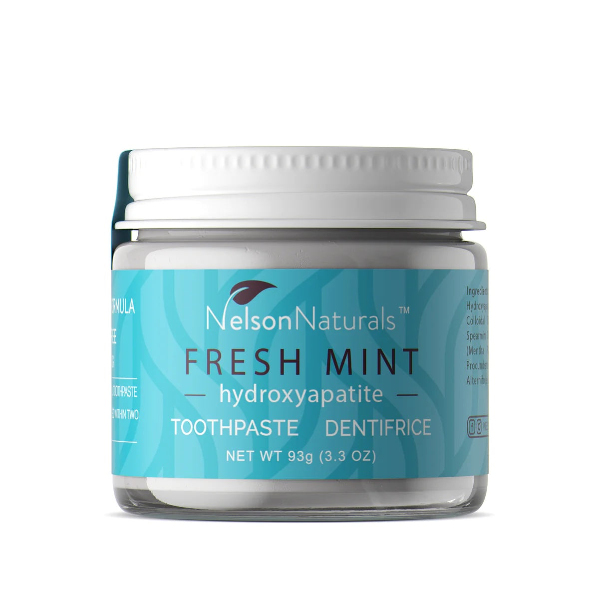 Nelson Naturals Fluoride-Free Toothpaste with Hydroxyapatite and Bentonite Clay, Glass Jar, 4 Flavours, 93g - Fresh Mint