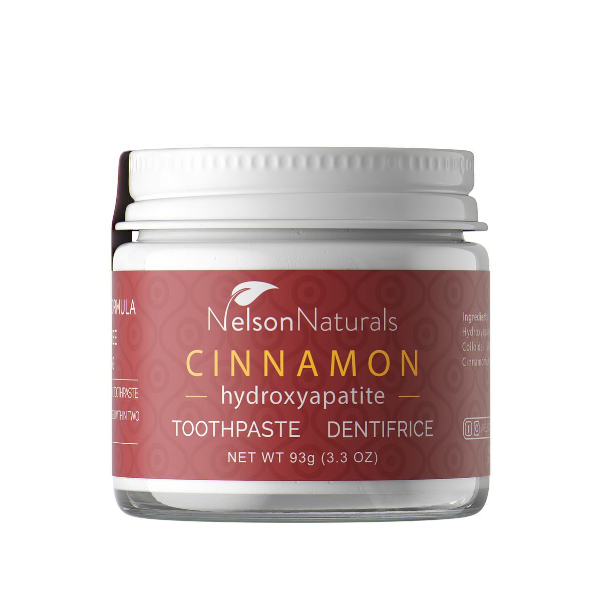 Nelson Naturals Fluoride-Free Toothpaste with Hydroxyapatite and Bentonite Clay, Glass Jar, 4 Flavours, 93g - Cinnamon (Mint-Free)