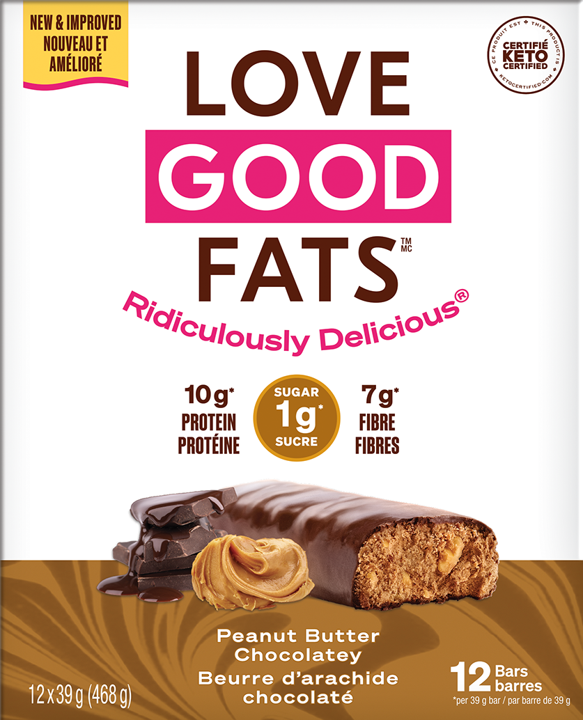 Love Good Fats Snack Bars, Keto-Friendly Bars with Good Fats and 1-3g Sugar, Case of 12 or 4-Pack
