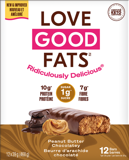 Love Good Fats Snack Bars, Keto-Friendly Bars with Good Fats and 1-3g Sugar, Case of 12 or 4-Pack