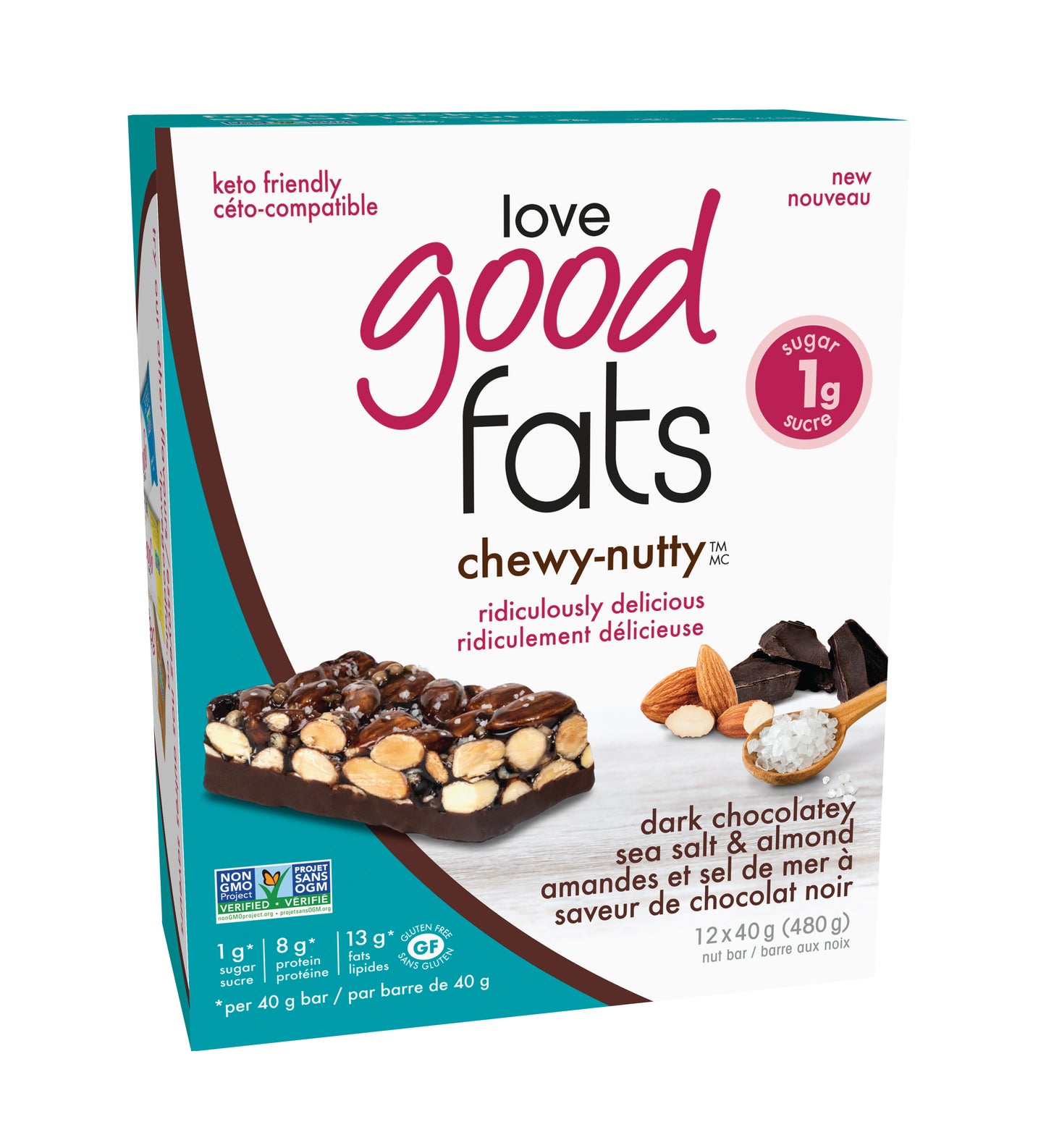 Love Good Fats Snack Bars, Keto-Friendly Bars with Good Fats and 1-3g Sugar, Case of 12 or 4-Pack