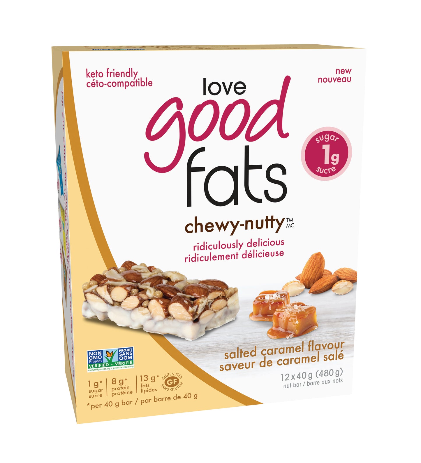 Love Good Fats Snack Bars, Keto-Friendly Bars with Good Fats and 1-3g Sugar, Case of 12 or 4-Pack