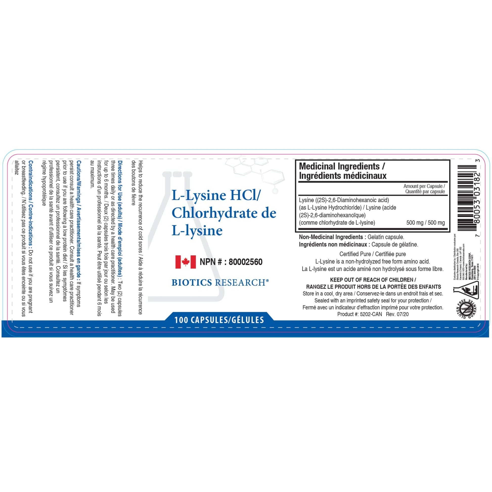 100 Capsules | Biotics Research L-Lysine-HCL