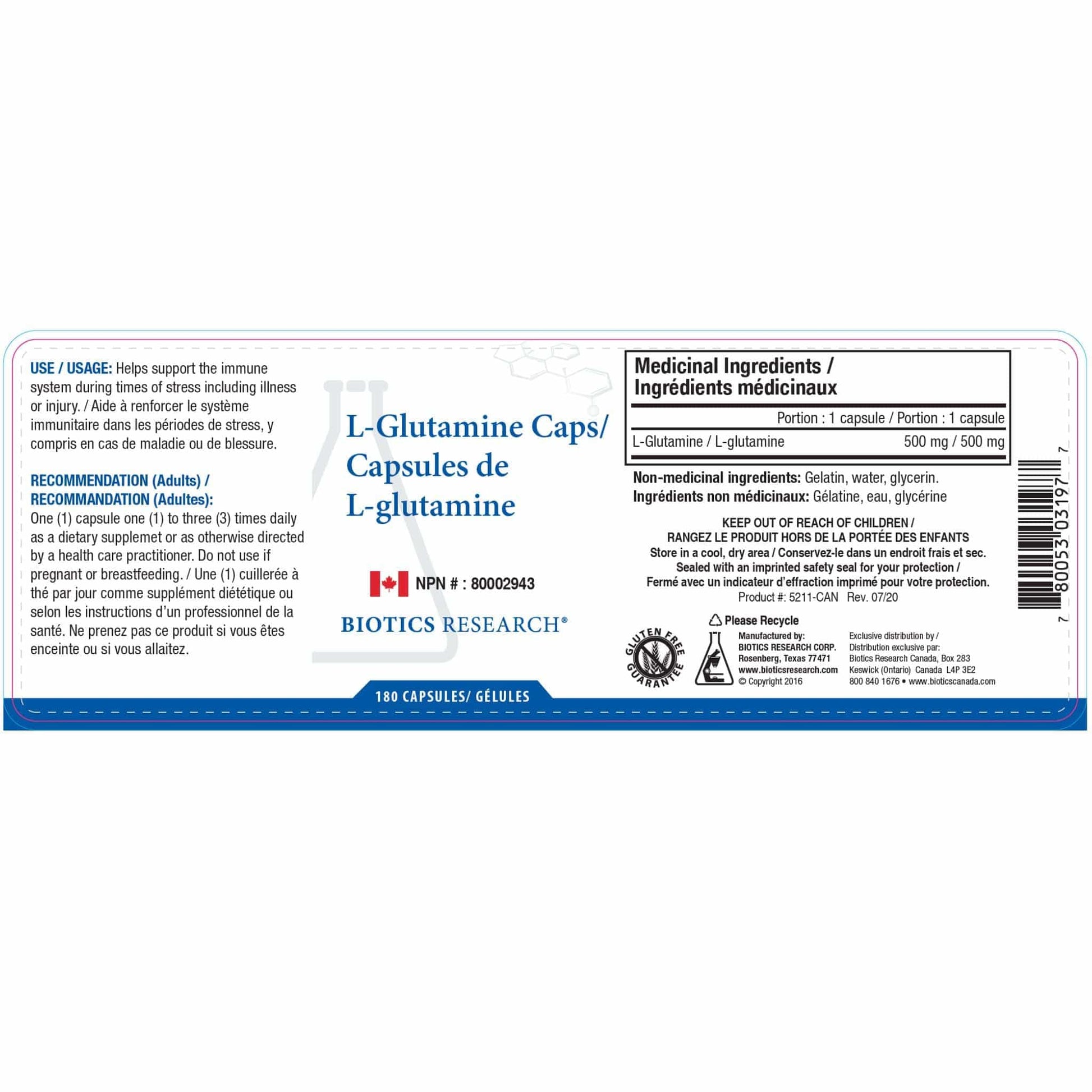 180 Capsules | Biotics Research L-Glutamine Caps