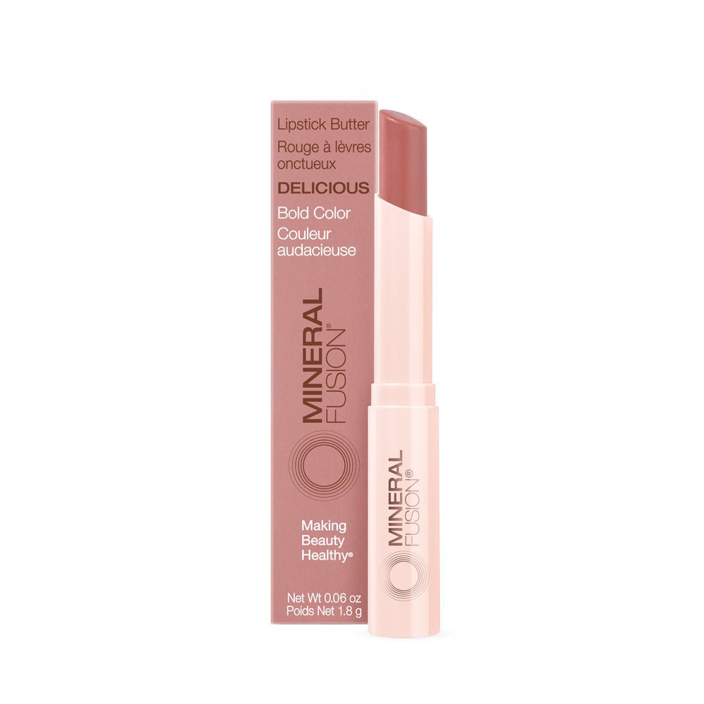 Mineral Fusion Lipstick Butter, Creamy Gloss-Finish Colour with Argan Oil and Cocoa Butter, 7 Shades, 1.8g - Delicious