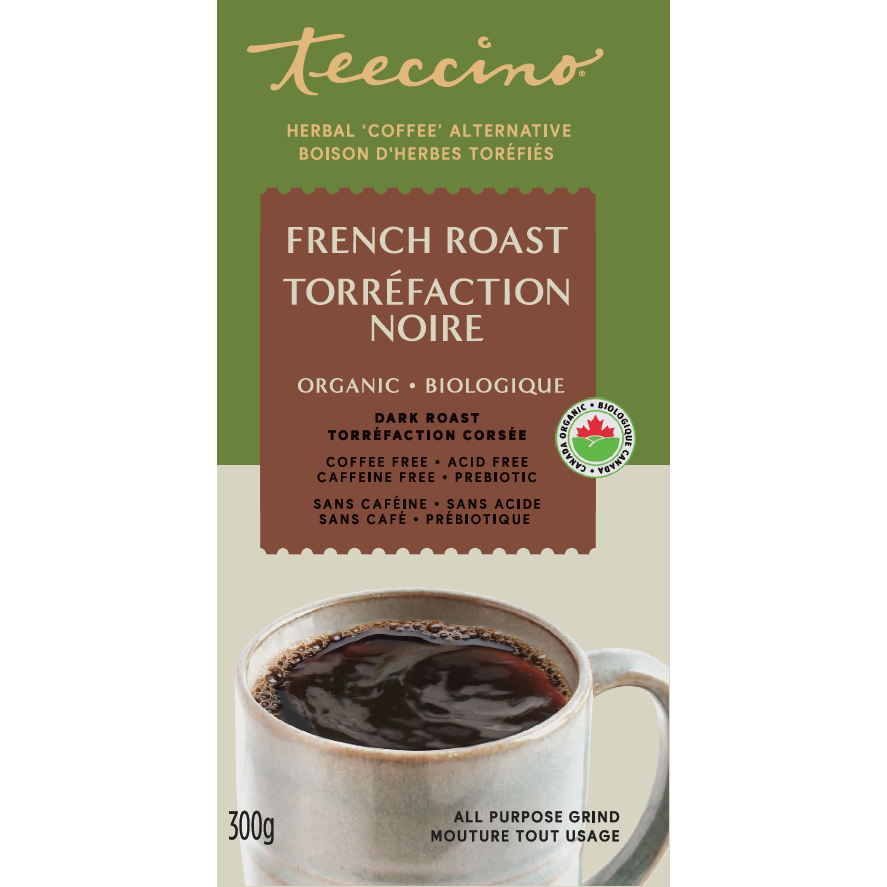 Teeccino Chicory Herbal Coffee, Ground, Case of 6 x 300g - French Roast