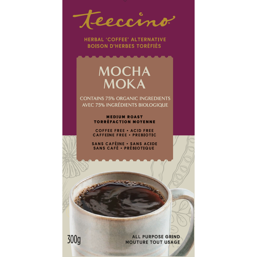 Teeccino Chicory Herbal Coffee, Ground, Case of 6 x 300g - Mocha