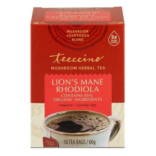 Teeccino Mushroom Herbal Tea, Case of 6 x 10 Tea Bags - Lion's Mane Rhodiola