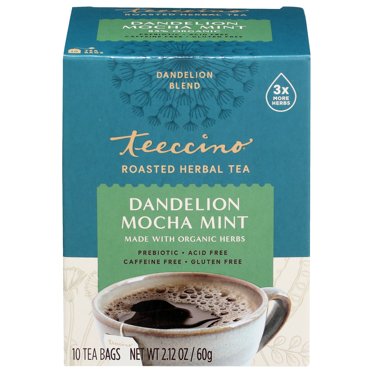Teeccino Dandelion and Roasted Herbal Tea, Case of 6 x 10 Tea Bags - Dandelion Mocha Mint