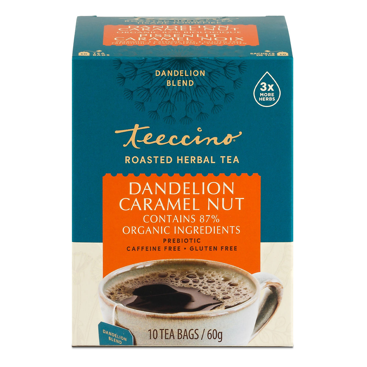Teeccino Dandelion and Roasted Herbal Tea, Case of 6 x 10 Tea Bags - Dandelion Caramel Nut