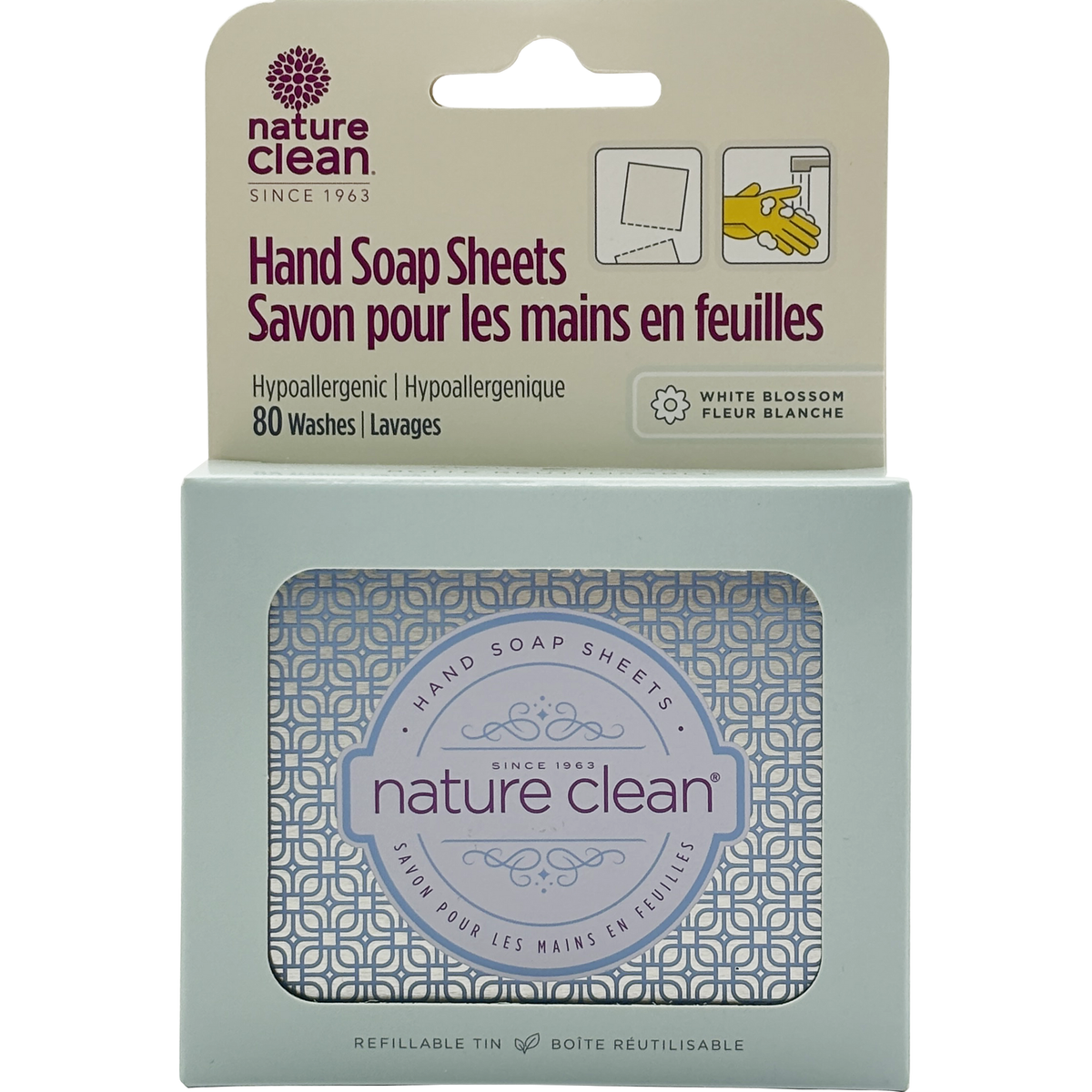 Nature Clean Hand Soap Sheets for Travel, White Blossom, 80 Sheets in a Refillable Tin