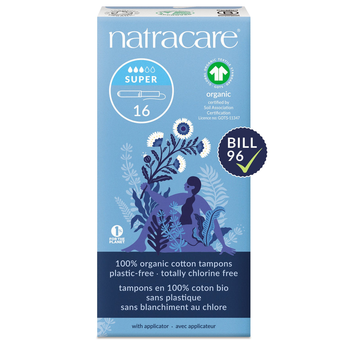 Natracare Organic Cotton Applicator Tampons with Cardboard Applicator, Regular or Super, 16 Tampons - Super
