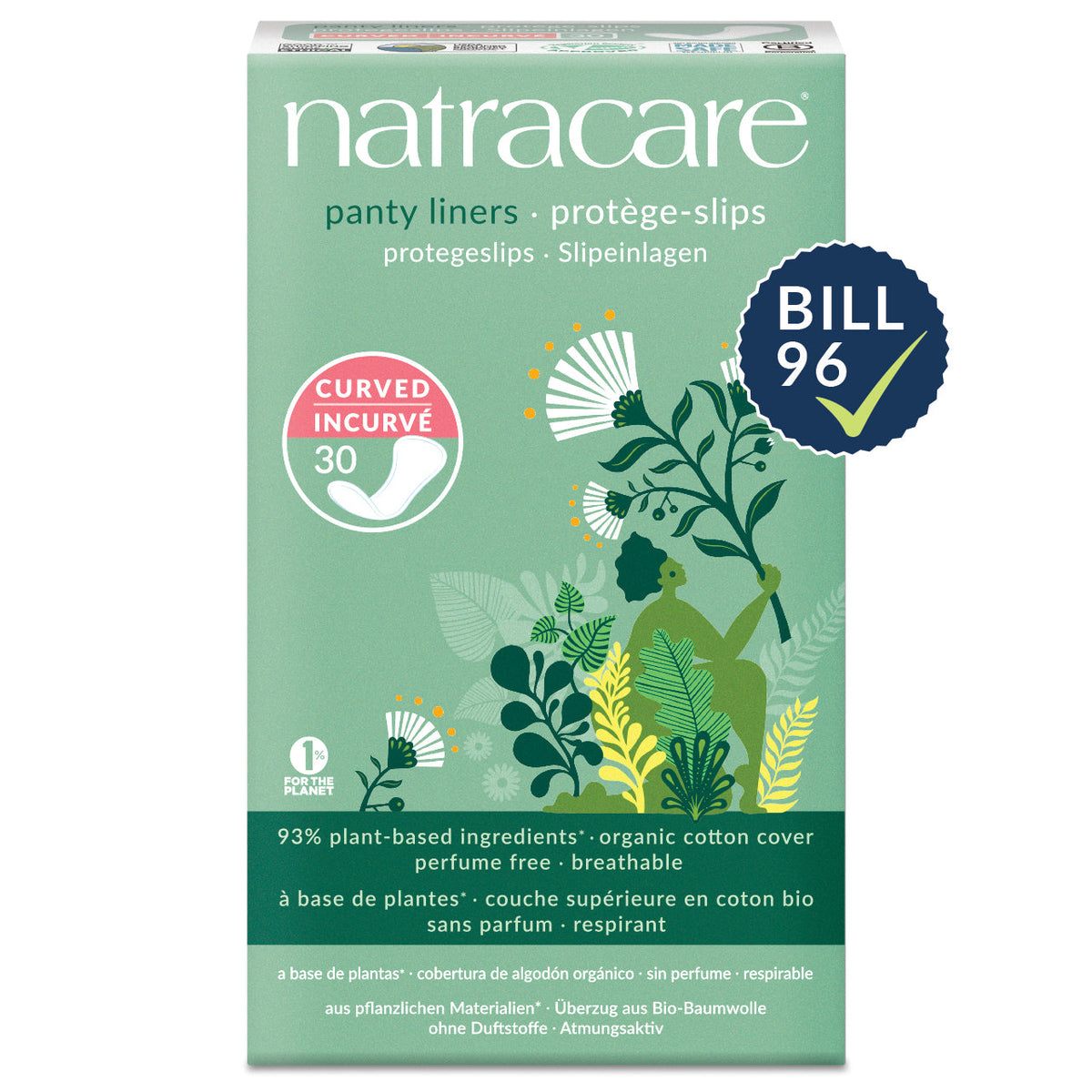 Natracare Panty Liners with Organic Cotton Cover, Mini, Normal, Long, Curved, Tanga or Ultra Thin - Curved, 30 Liners