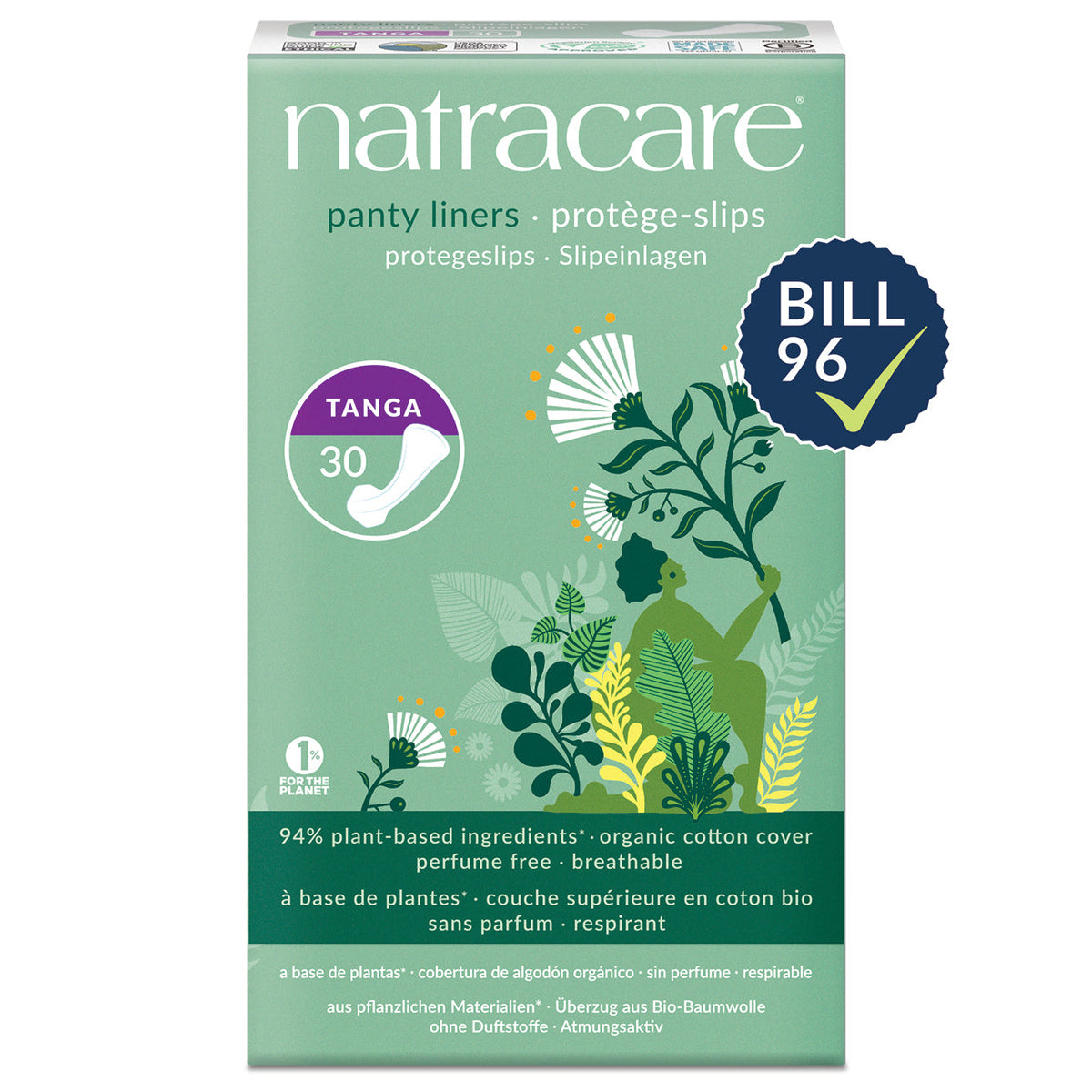 Natracare Panty Liners with Organic Cotton Cover, Mini, Normal, Long, Curved, Tanga or Ultra Thin - Tanga, 30 Liners