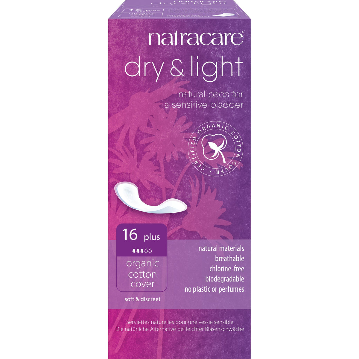 Natracare Dry & Light Incontinence Pads for Bladder Leaks, Organic Cotton Cover, Slim or Plus - Plus, 16 Pads
