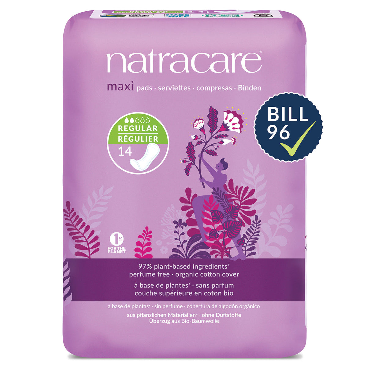 Natracare Maxi Pads without Wings, Organic Cotton Cover, Regular, Super or Night-Time - Regular, 14 Pads
