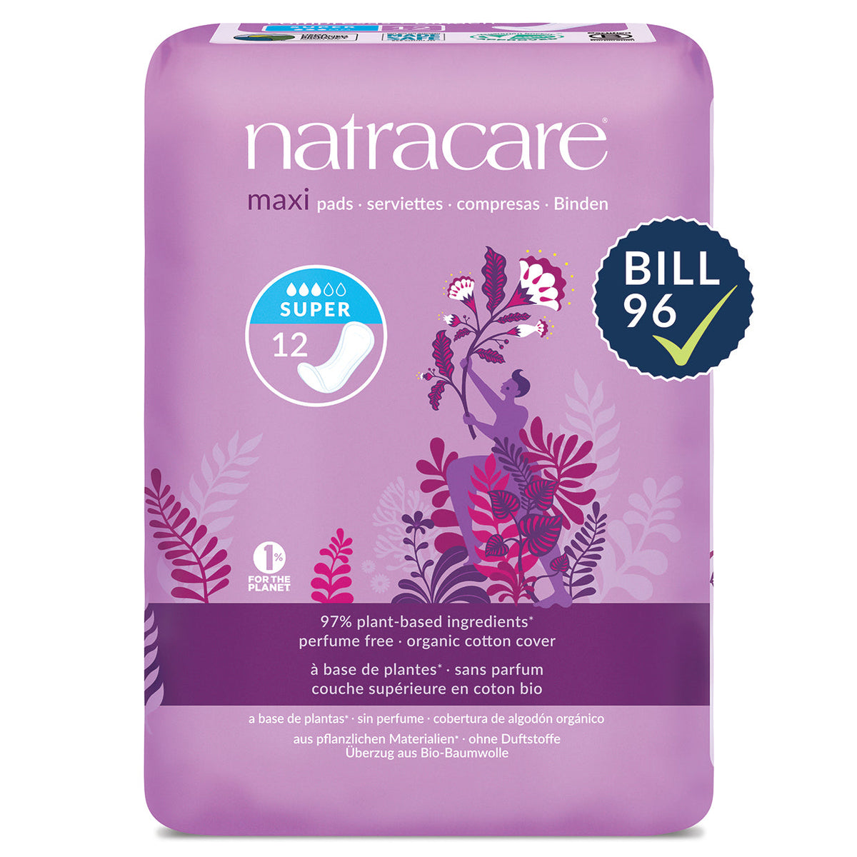 Natracare Maxi Pads without Wings, Organic Cotton Cover, Regular, Super or Night-Time - Super, 12 Pads