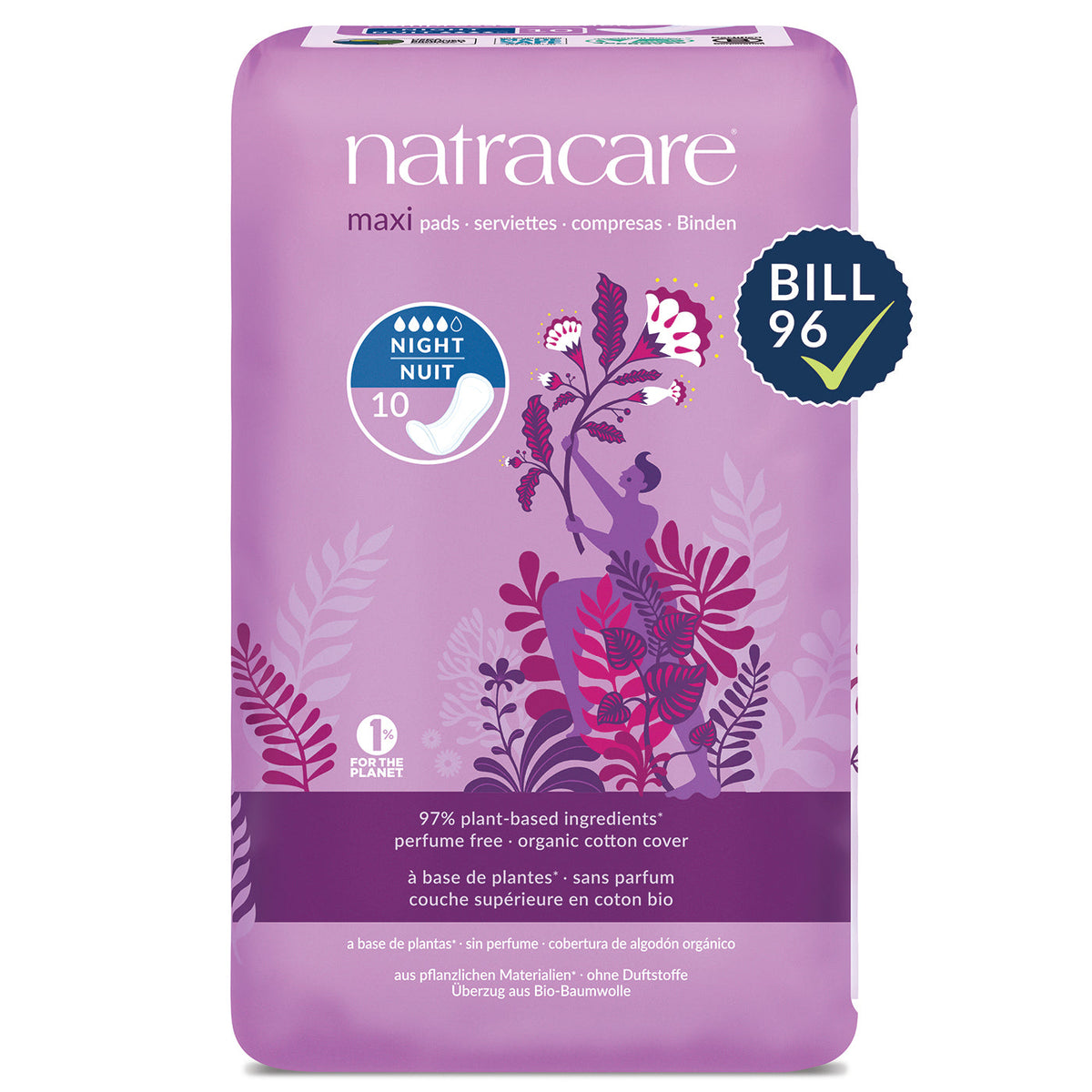 Natracare Maxi Pads without Wings, Organic Cotton Cover, Regular, Super or Night-Time - Night-Time, 10 Pads