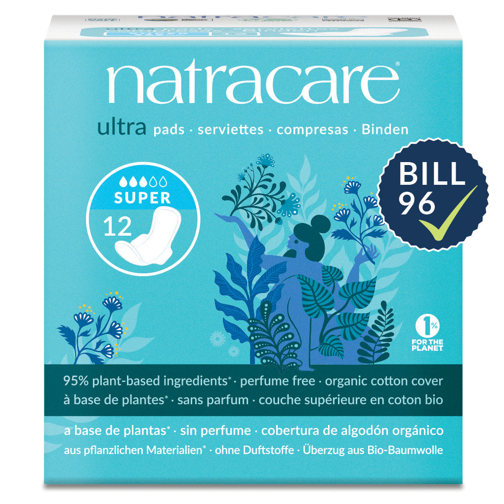 Natracare Ultra Pads with Wings, Organic Cotton Cover, Regular, Super, Super Plus or Long - Super, 12 Pads