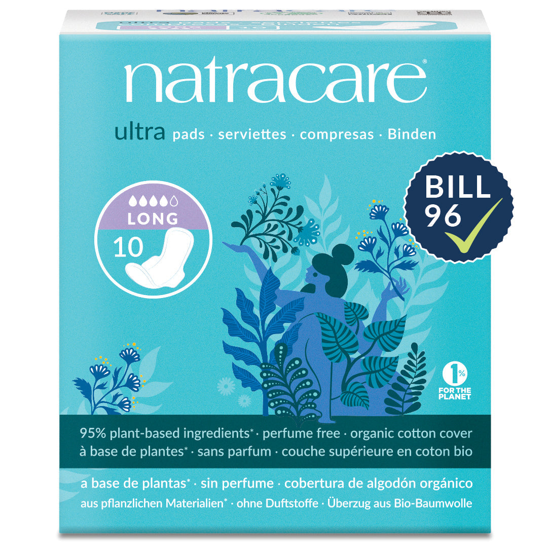 Natracare Ultra Pads with Wings, Organic Cotton Cover, Regular, Super, Super Plus or Long - Long, 10 Pads