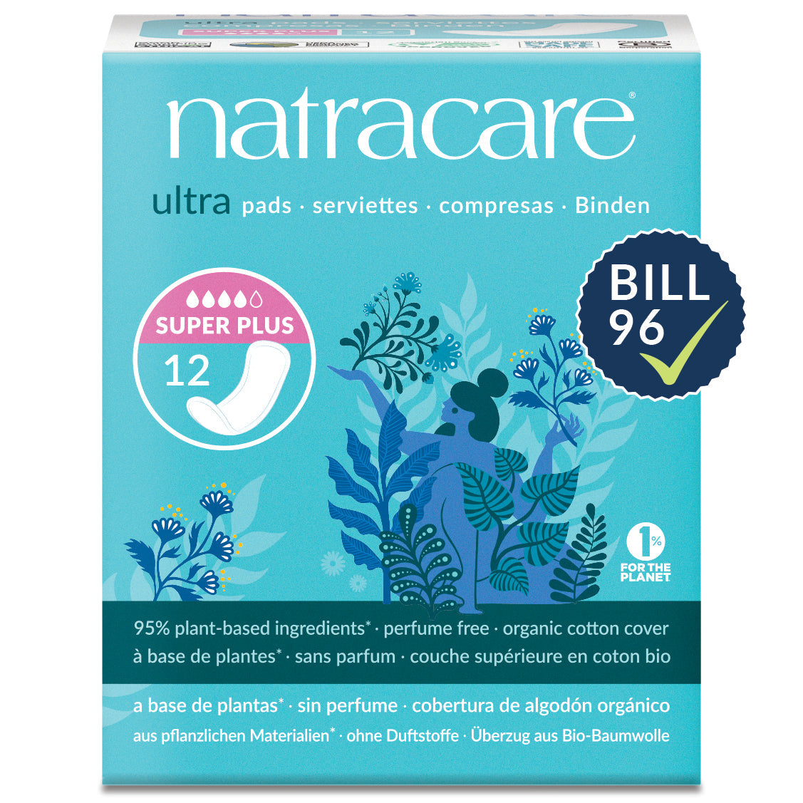 Natracare Ultra Pads with Wings, Organic Cotton Cover, Regular, Super, Super Plus or Long - Super Plus, 12 Pads