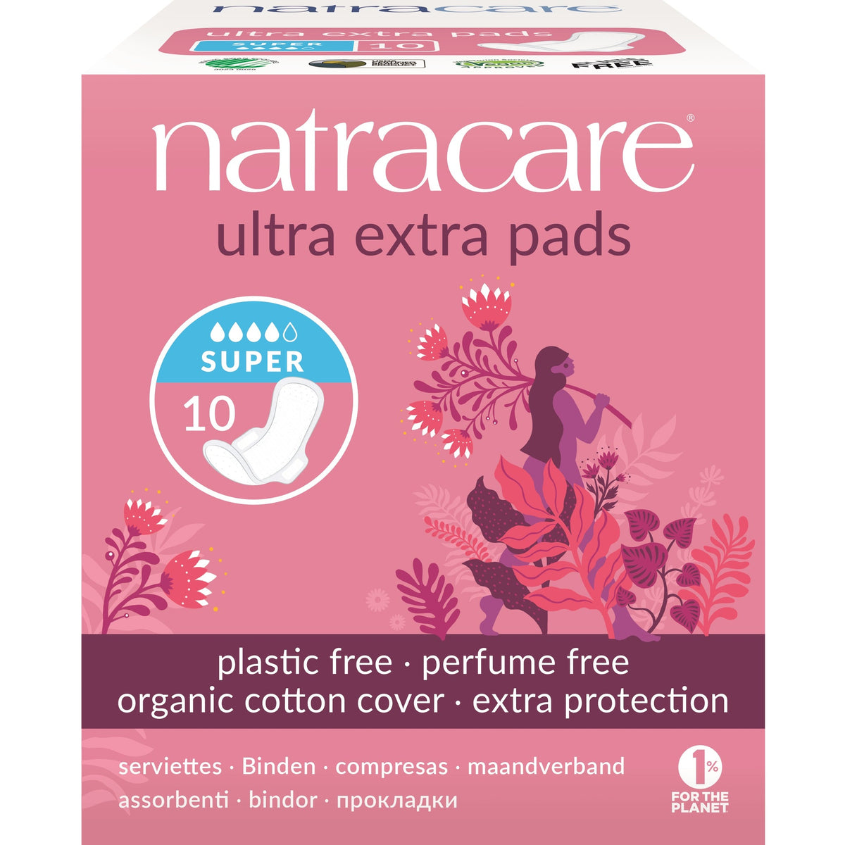 Natracare Ultra Extra Pads with Wings, Double-Layer Organic Cotton Pads, Regular, Super or Long - Super, 10 Pads