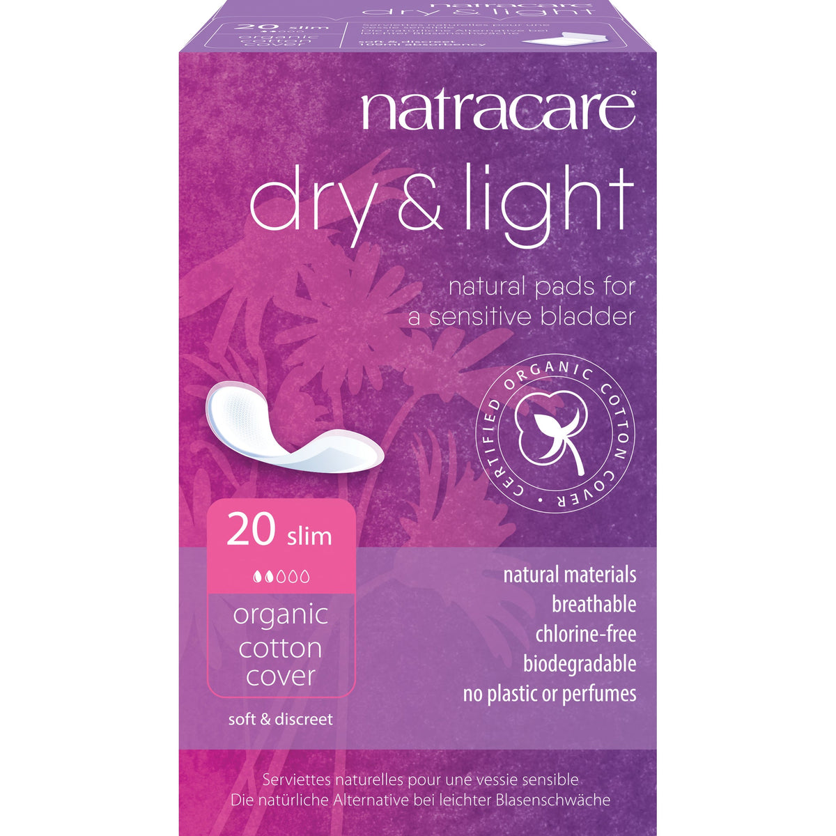 Natracare Dry & Light Incontinence Pads for Bladder Leaks, Organic Cotton Cover, Slim or Plus - Slim, 20 Pads