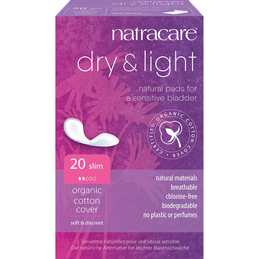 Natracare Dry & Light Incontinence Pads for Bladder Leaks, Organic Cotton Cover, Slim or Plus - Slim, 20 Pads