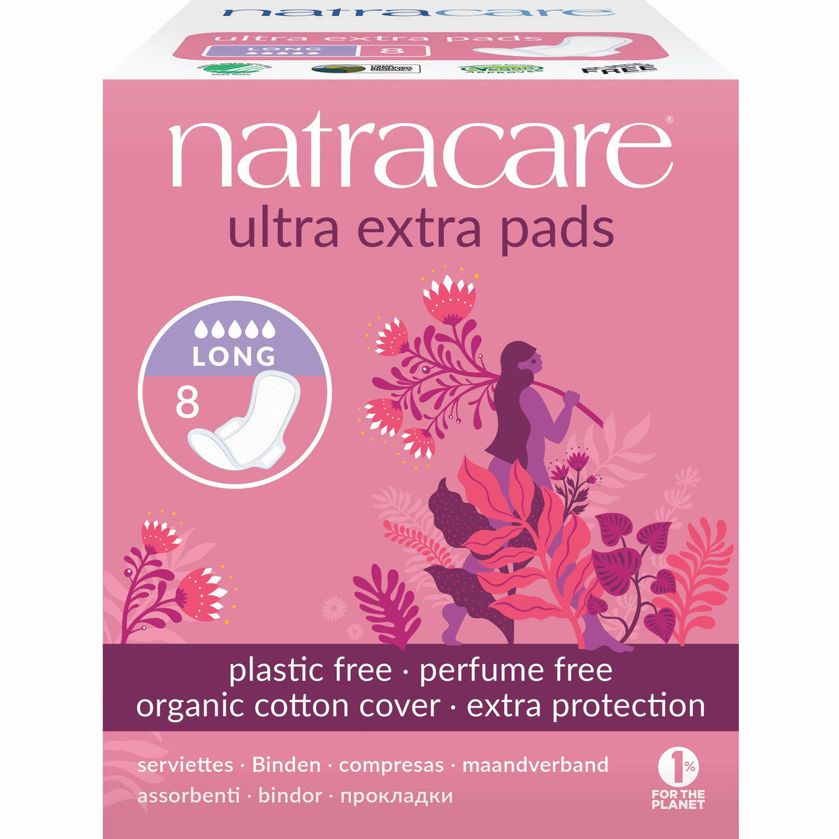 Natracare Ultra Extra Pads with Wings, Double-Layer Organic Cotton Pads, Regular, Super or Long - Long, 8 Pads