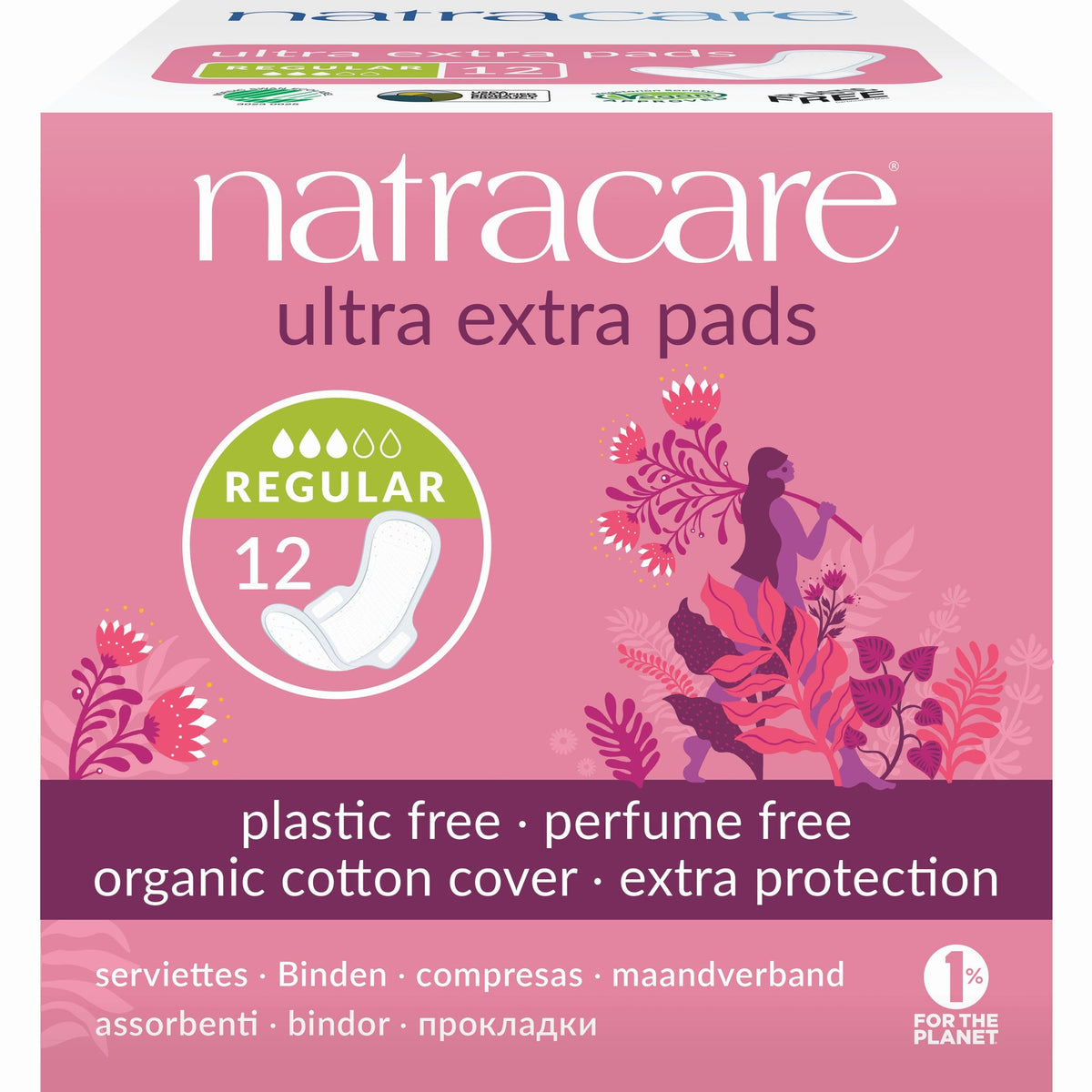 Natracare Ultra Extra Pads with Wings, Double-Layer Organic Cotton Pads, Regular, Super or Long - Regular, 12 Pads
