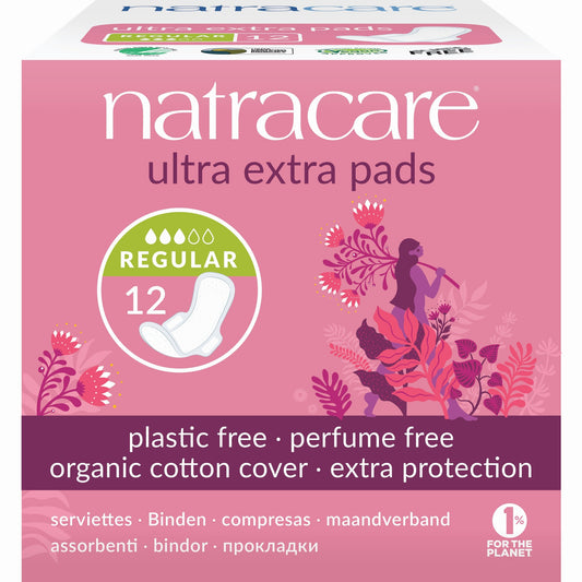Natracare Ultra Extra Pads with Wings, Double-Layer Organic Cotton Pads, Regular, Super or Long - Regular, 12 Pads