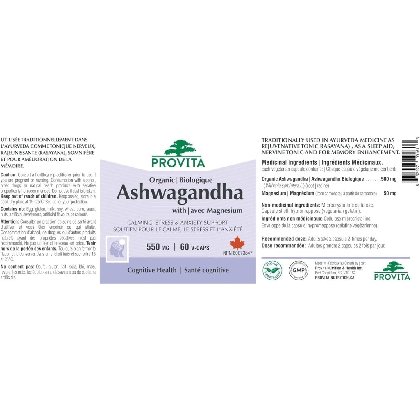 60 Vegetable Capsules | Provita Nutriion Organic Ashwagandha with Magnesium 550 mg