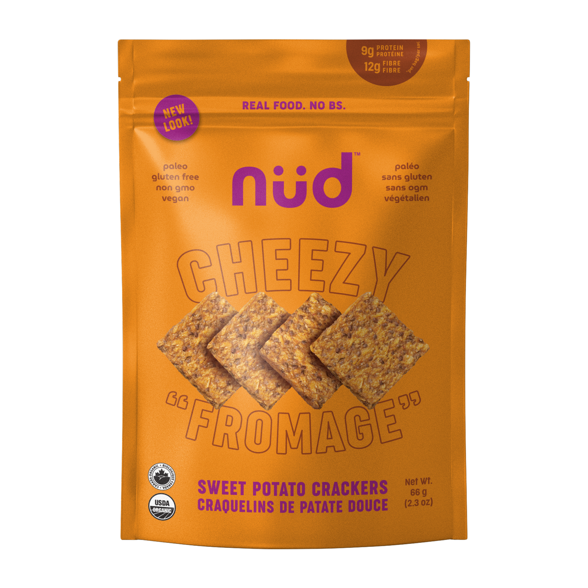 Nud Fud Organic Raw Crackers, Sweet Potato (Original, Cheezy, BBQ) or Flax (Carrot, Simple Seed, Everything), Vegan, Case of 6 x 66g - Cheezy