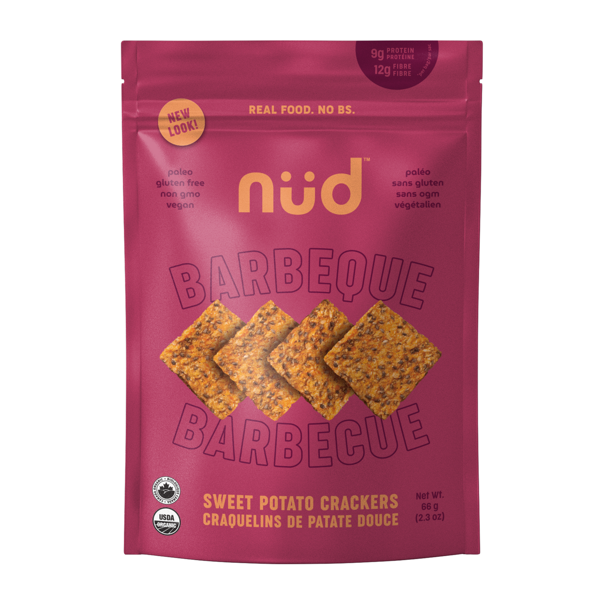 Nud Fud Organic Raw Crackers, Sweet Potato (Original, Cheezy, BBQ) or Flax (Carrot, Simple Seed, Everything), Vegan, Case of 6 x 66g - BBQ