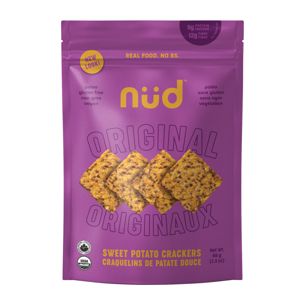 Nud Fud Organic Raw Crackers, Sweet Potato (Original, Cheezy, BBQ) or Flax (Carrot, Simple Seed, Everything), Vegan, Case of 6 x 66g - Original