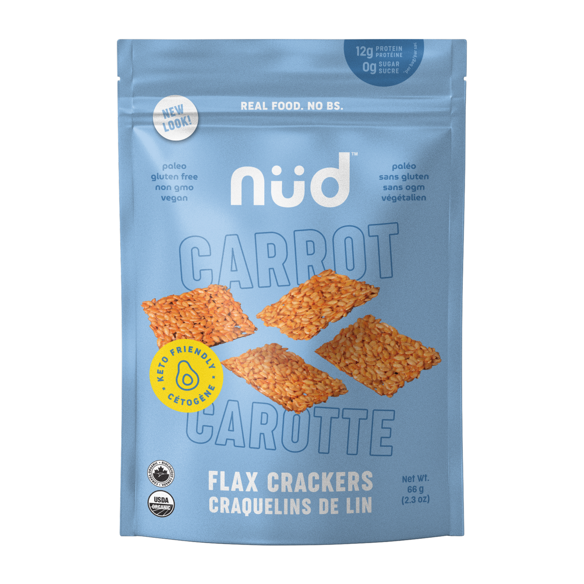 Nud Fud Organic Raw Crackers, Sweet Potato (Original, Cheezy, BBQ) or Flax (Carrot, Simple Seed, Everything), Vegan, Case of 6 x 66g - Carrot Flax