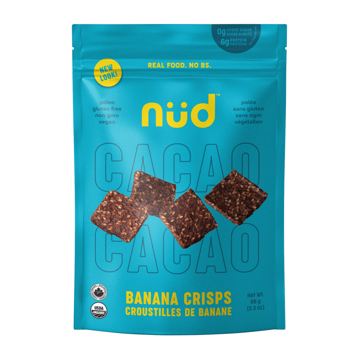 Nud Fud Organic Banana Crisps, Cacao or Spirulina, Sweet Raw Banana Snack, Vegan, Case of 6 x 66g - Cacao